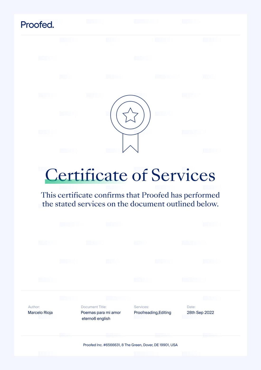 Proofed Certificate of Services for Marcelo Rioja. Services performed: Proofreading and Editing. Dated 28 September 2022.